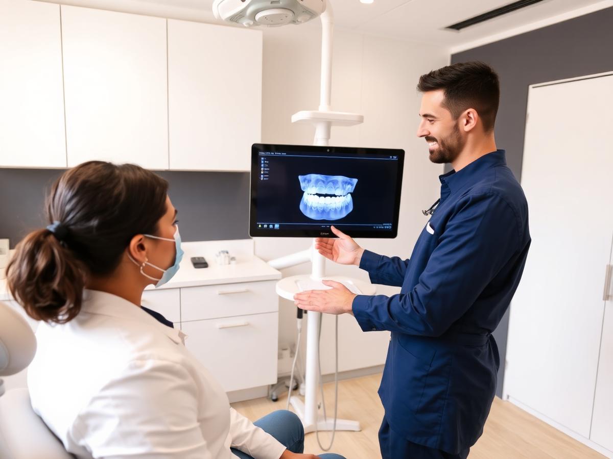 Dentist reviewing a 3D digital dental scan with a patient